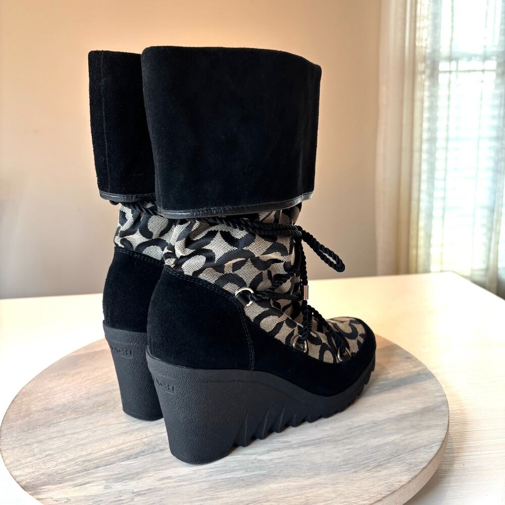 Coach Signature Logo Lace Up Wedge Winter Boots Black Suede Canvas Women's 7.5 - Picture 5 of 10